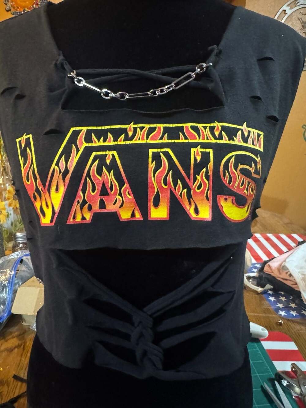 Custom Upcycled Vans Flame Logo Distressed Crop Top with Chain and Lace-Up Back